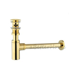 Gold Polished Bathroom Basin Drain Pop Up Under Sink P Trap Water Waste Pipe Set - Picture 1 of 5
