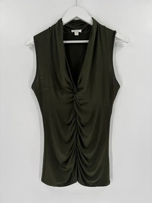 Vintage Cache Blouse Womens Large Army Green Sleeveless Ruched V Neck Stretchy - Image 1 of 4