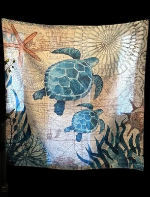 Cortina de ducha de tela de tortugas marinas oceánicas con estrellas de mar y paneles de ventana de 36" Foto 1 de 4