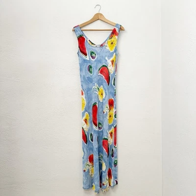 Maxi Vestido Sin Mangas Tessuto Años 90 Estampado Fruta Talla M EE. UU. Cottagecore Sesgo Foto 1 de 4
