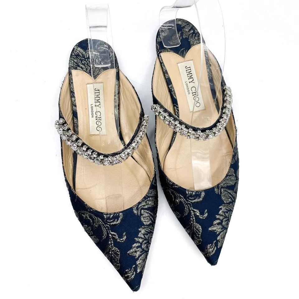 Jimmy Choo Bing Mules Jacquard Correa Plana Cristal Azul Floral Punta Talla 38/8 Foto 1 de 4