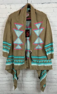 ROJA beige blue aztec southwestern knit waterfall open front cardigan XS NWT - Picture 1 of 8
