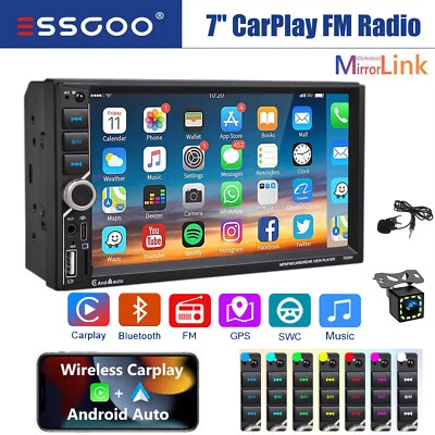 ESSGOO Apple CarPlay 7" Double 2Din Car Stereo Radio Android Auto Touch Screen + Camera