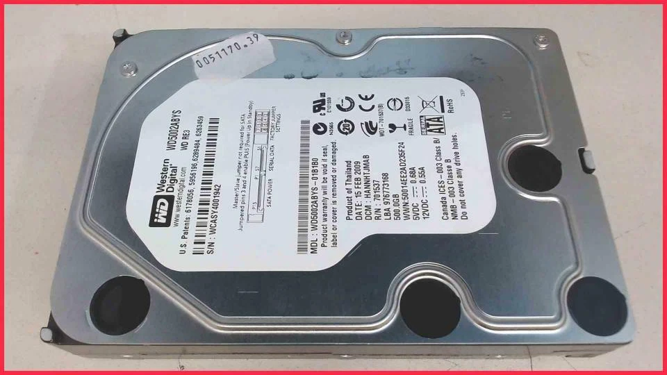 HDD Festplatte 3,5" 500GB 7200RPM 16MB SATA Western Digital WD5002ABYS (16.875) - Bild 1 von 1