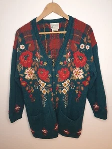 80s Laura Ashley Cardigan Sweater 100% Wool Knit Floral Green Small Vintage 80s - Picture 1 of 19