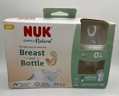NUK 3 Pack Simply Natural Bottle with SafeTemp 5 oz 0+ Months 3 Bottles NIB - Image 1 of 4