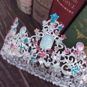 Silver blue pink Crown Tiara real metal gift birthday diadem birthday bridal - Picture 1 of 4