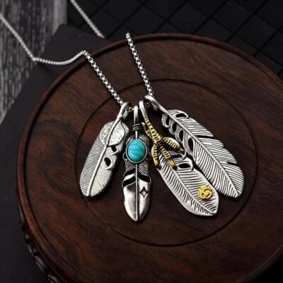 Fashion Metal Eagle Claw Feather Turquoise Pendant Necklace Four Feathers Chain - Image 1 of 4