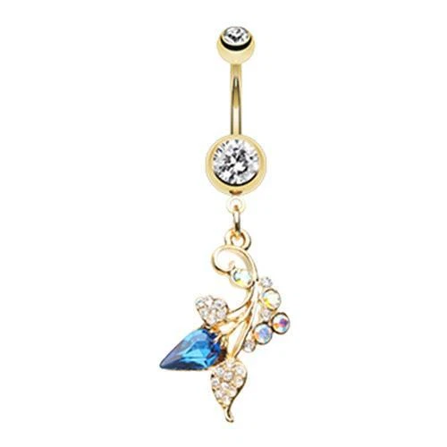 Golden Ivy Leaves Belly Ring Vintage Clear Aurora Borealis Blue CZ Jewelry Pedal - Image 1 of 1