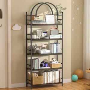 5-Tier Industrial Open Bookshelf Arched Bookcase Storage Rack Metal Frame - Picture 1 of 13