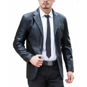 Men's Blazer Genuine Lambskin Leather Soft Black Blazer Lapel Buttoned Blazer - Picture 1 of 4