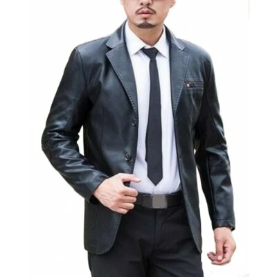 Men's Blazer Genuine Lambskin Leather Soft Black Blazer Lapel Buttoned Blazer - Image 1 of 4