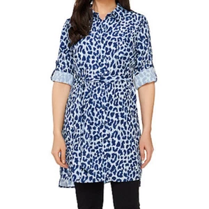 Dennis Basso Size XS Button Down Woven Tunic with Belt Navy Blue Animal Print - Picture 1 of 8