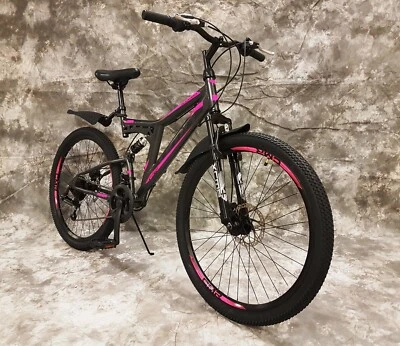 26 Zoll MTB Vollgefedert 21-Gang Shimano & Scheibenbremsen NEU 2638-ANTRA-PINK - Bild 1 von 4