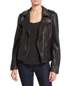 NEIMAN MARCUS black LAMBSKIN moto jacket XL Studded Collar EUC - Picture 1 of 8