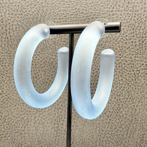 Frosted Blue Acrylic Hoop Earrings Chunky Statement Lightweight Jewelry Modern - Picture 1 of 9