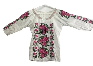 Ladies White And Pink Embroidered Blouse From Oaxaca MX Hand Made - Picture 1 of 11