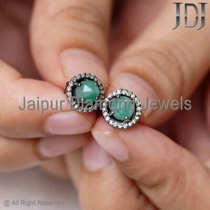 Green Emerald Gemstone Pave Diamond Stud 925 Sterling Silver Dainty Stud Earring - Picture 1 of 20