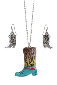 Conjunto de collar y pendientes colgantes de bota de vaquero pintada con tema occidental RODEO - Imagen 1 de 2