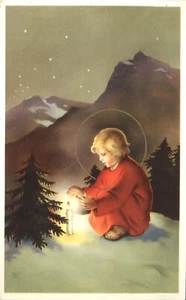 Niño joven con vela halo abeto en la noche Navidad postal italiana - Imagen 1 de 2