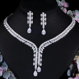 Versilberte Tropfen CZ Blatt Hochzeit Halskette Ohrringe für Bräute Schmuck Set - Bild 1 von 7