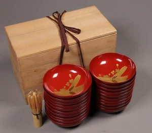 Japanese Red Lacquer Wooden Plate Set of 20 Gold Cherry Blossom Dessert Dish - Picture 1 of 19
