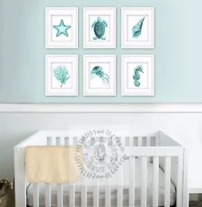Juego de 6 estampados de arte de pared de guardería sin enmarcar decoración de playa turquesa Sealife - Imagen 1 de 3