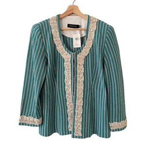 Misook Damen Streifen verziert Strick Spitzenbesatz Blazer Aqua Blau Größe XL Neu mit Etikett - Bild 1 von 16