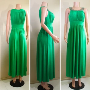 Retro 70s M Maxi Cocktail Dress Green Stretch Poly Beaded Sleeveless Y2K Sandiva - Picture 1 of 10