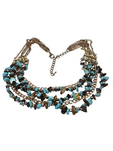 Kendall & James 5 Strand  Turquoise Tigers Eye Chip Gold Tone Necklace 16" - Picture 1 of 18