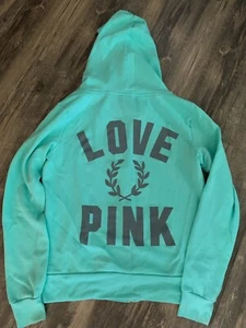 Small Victorias Secret Love Pink Turquoise Full Zip Hoodie Sweatshirt Cotton - Picture 1 of 6