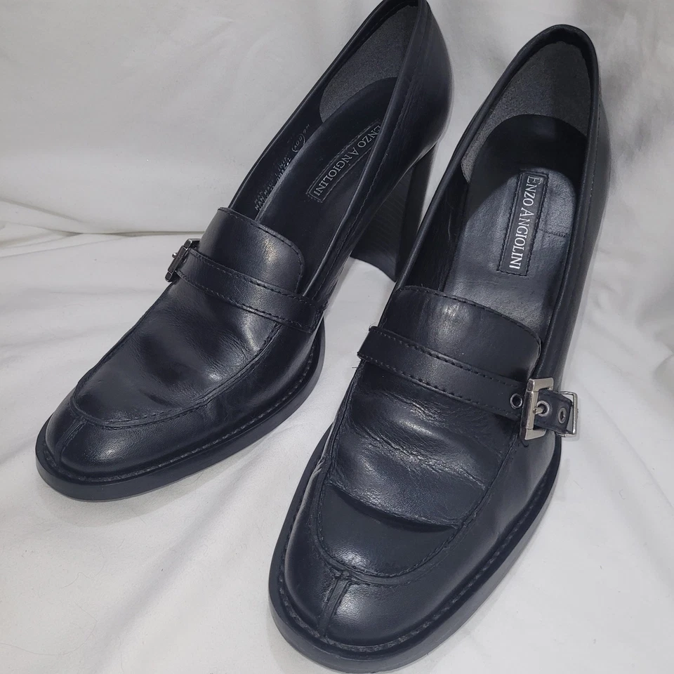 Mocasín de tacón alto ENZO ANGIOLINI de cuero negro talla 9B 3" hebilla de correa de tacón alto Foto 1 de 4