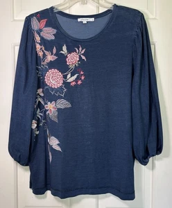 Chico’s Gr. 3 blaues Stricktop mit Stickerei 3/4 Ärmel - Bild 1 von 5