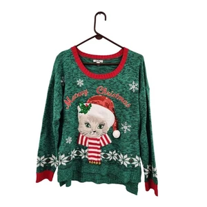 Kela Christmas Knit Green Sweater  Cat Appliqué Sz XL Long Sleeve Crew Neck bell - Picture 1 of 3
