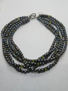 Sterling Silver 5 Strabd Black Pearl And Peridot  Necklace - Picture 1 of 5
