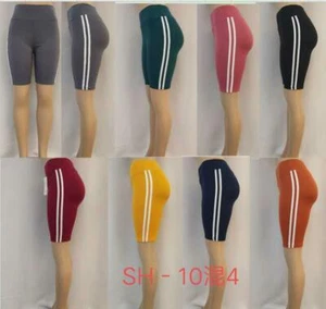 LADIES WOMENS STRIPE CYCLING SHORTS DANCING ACTIVE STRECH GYM YOGA FITNESS NEW - Picture 1 of 7