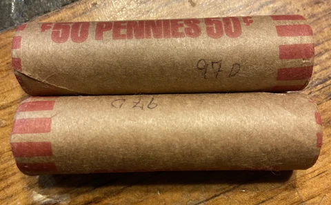 Two 1997 D  OBW Bank Wrapped Lincoln Cent Roll Cover