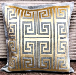 Greek Key / Border / Pattern Geometric Grey & Gold Decorative Pillow Throw  17” - Picture 1 of 5