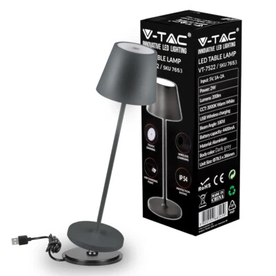 V-TAC Lampada LED da Tavolo 2W GRIGIO, base Wireless 3000K IP54 VT-7522 SKU 7653 - Immagine 1 di 4