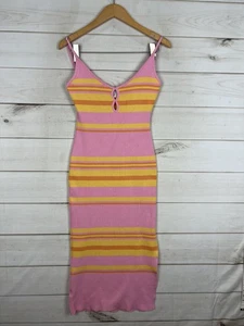 INDI LUXE Kleid Damen Medium rosa gelb gestreift Strick Midi Cami Schlüsselloch figurbetont - Bild 1 von 8