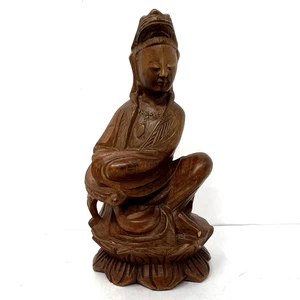 Handgeschnitzte Holz Guanyin Bodhisattva Statuette asiatische königliche Leichtigkeit Pose Figur 4,8" - Bild 1 von 17
