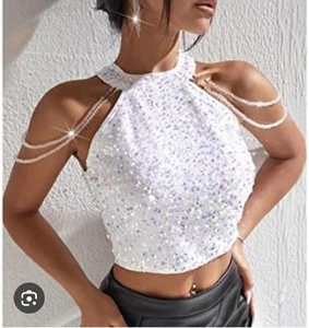 SHEIN SXY Halter Neck Chain Sequin Crop Top Size L - Picture 1 of 1