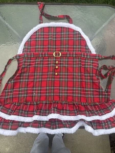 Pier 1 Weihnachtsschürze rot/kariert weiß Fellbesatz goldfarbene Akzente - Bild 1 von 6