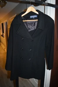 HERMAN KAY Women's Size 8 Petite Wool Coat Black Winter Jacket Peacoat w/ belt - Picture 1 of 3