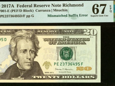 2017A $20 FRN PMG 67EPQ rare mismatched suffix error (PEF/D) 2nd highest graded - Image 1 of 4