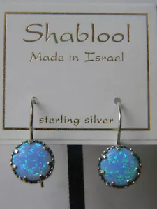 Shablool Israel Round Blue Opal Dangle Drop Sterling Silver Locking Back Earring - Picture 1 of 7