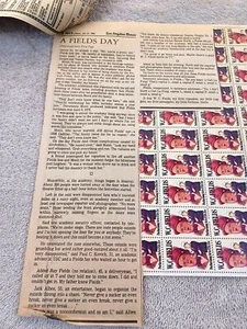 W.C. Fields Commemorative Full 50 Stamp Page + Newspaper Clippings Vintage 1980 - Picture 1 of 4