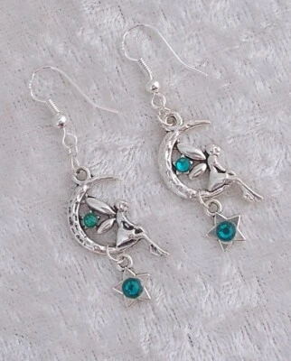 Tibetan Silver Fairy Moon,Green Glass Diamante,925 Silver Hook Earrings.Handmade Foto 1 de 4