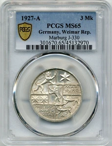 1927-A 3 Reichsmarks Germany - Weimar Republic Marburg - Cat #J-330 - PCGS MS65 - Picture 1 of 3