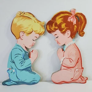 The Dolly Toy Praying Boy & Girl Cardboard Pin Ups Paper Wall Art Litho 1958 VTG - Picture 1 of 9